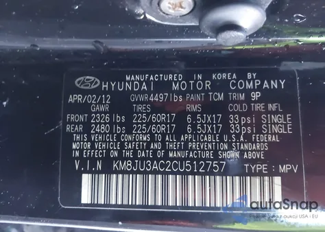 2012 Hyundai Tucson Gls z USA, uszkodzony, nr VIN KM8JU3AC2CU512757